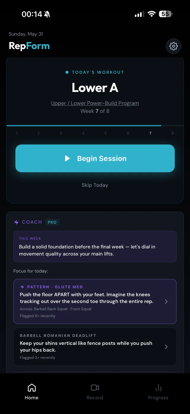 RepForm AI workout home screen